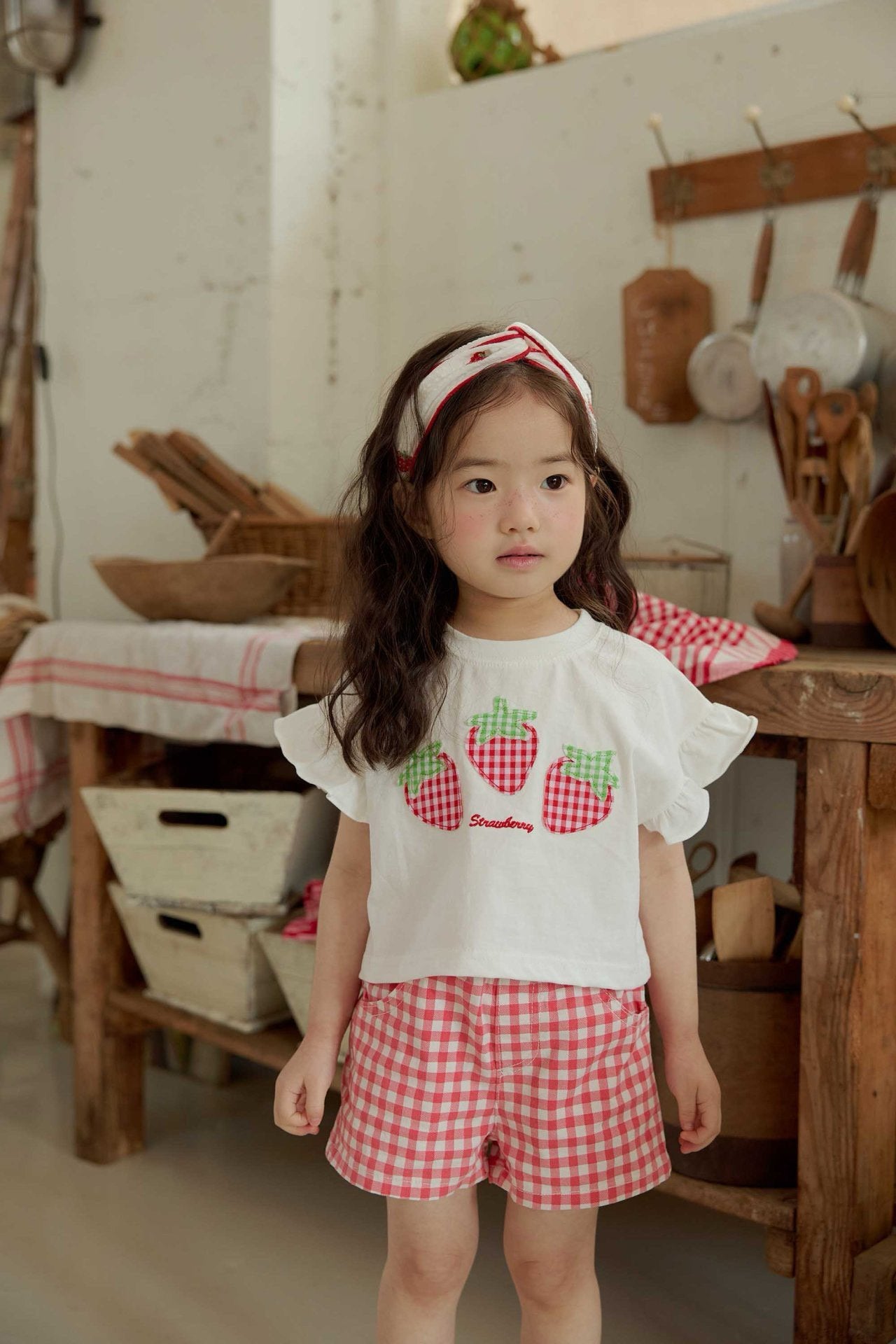 Toddler SS26 Lace Heart Pocket Gingham Shorts (1 - 6y) - Red - AT NOON STORE