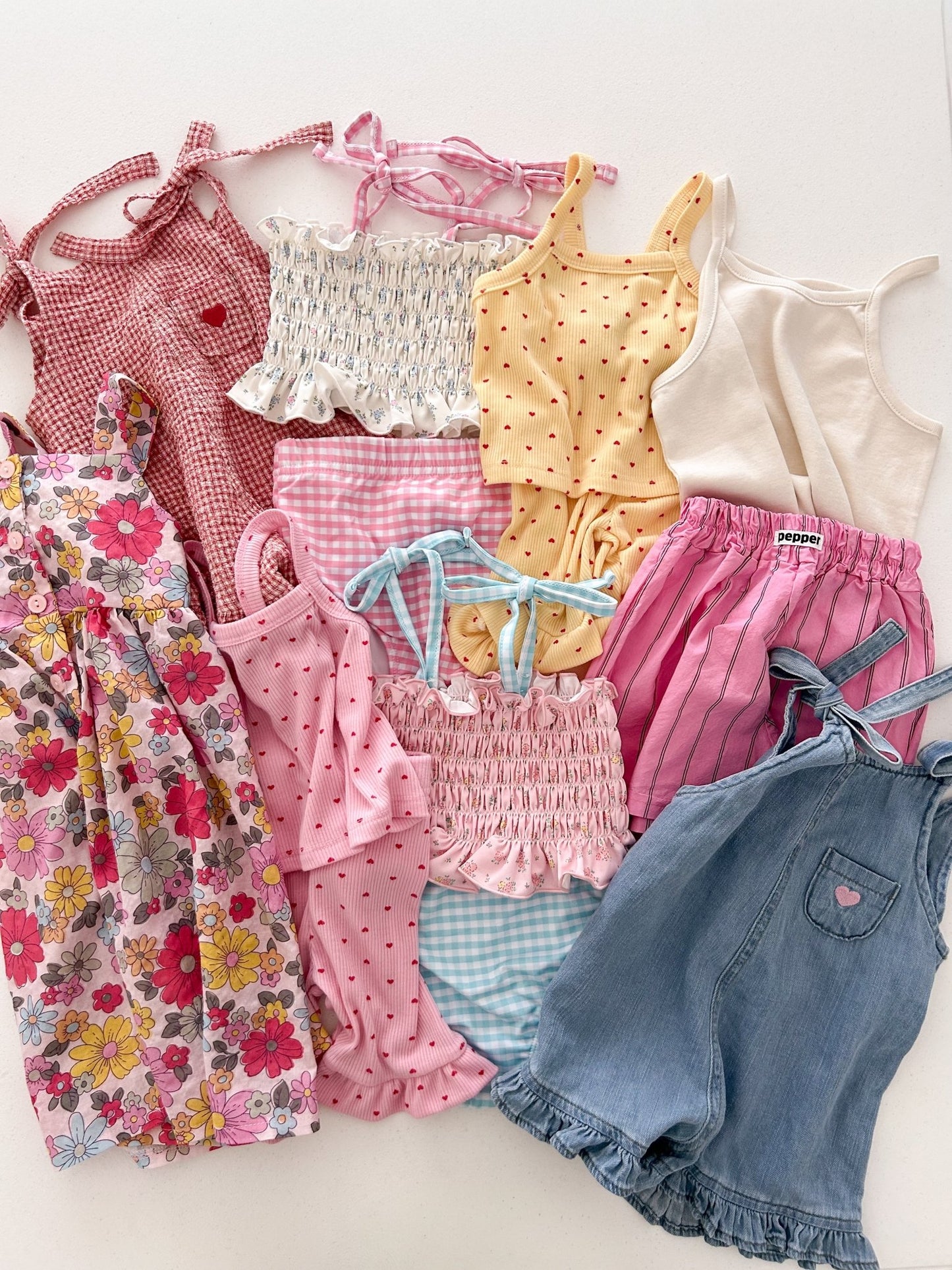 Toddler SS26 Tie Shoulder Heart Embroidery Ruffle Hem Shortalls (6m-5y) - 2 Colors kids outfit