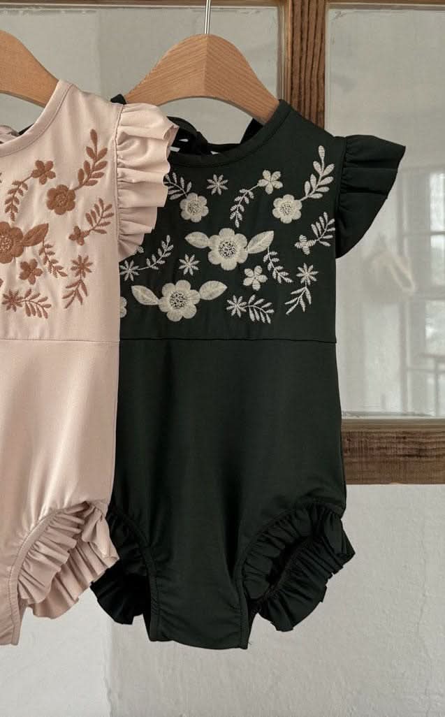Toddler Susu Floral Embroidery Yoke Ruffle Sleeve One - Piece Swimsuit (1 - 6y) - 2 Colors kids outfit