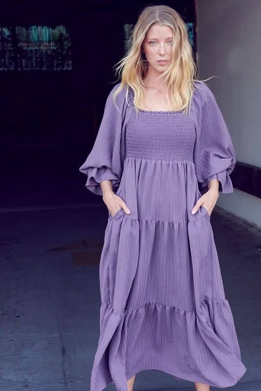 Smocked Bodice 3/4 Sleeve Dress (Mama) - Purple - AT NOON STORE