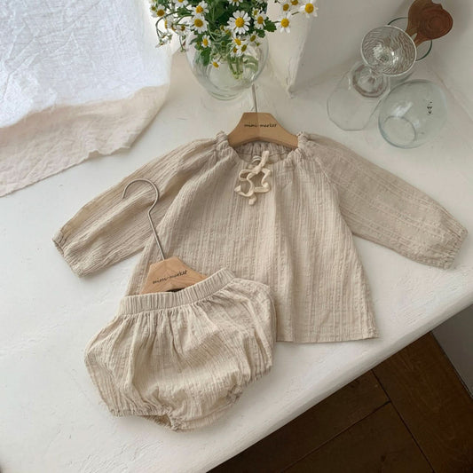 Baby Bow-Tie Crinkled Top and Bloomer Shorts Set (6-18m) - Cream - AT NOON STORE