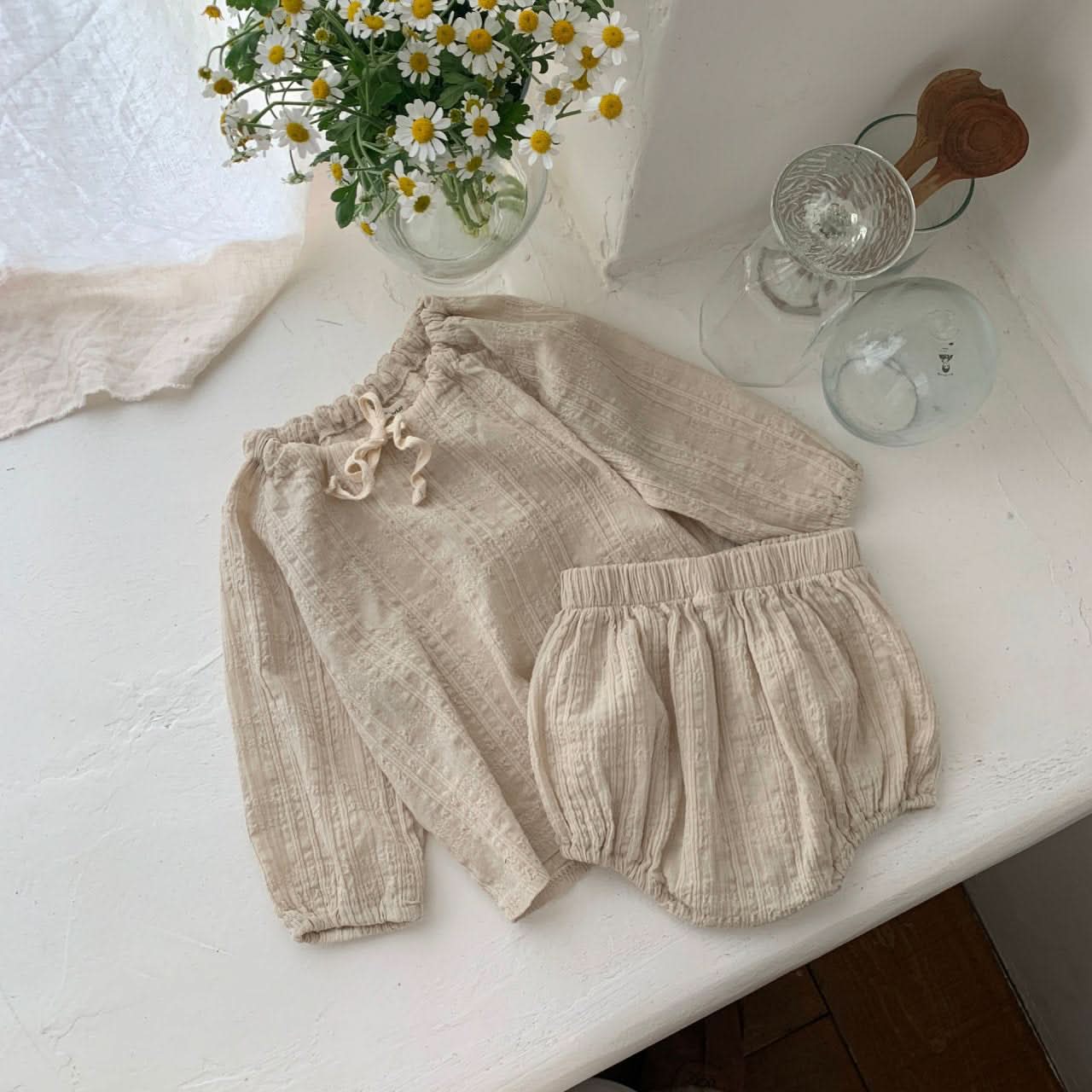 Baby Bow-Tie Crinkled Top and Bloomer Shorts Set (6-18m) - Cream - AT NOON STORE