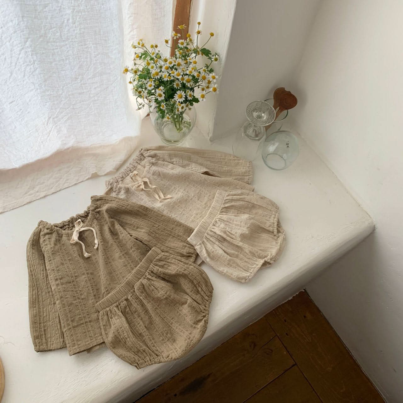 Baby Bow-Tie Crinkled Top and Bloomer Shorts Set (6-18m) - Cream - AT NOON STORE