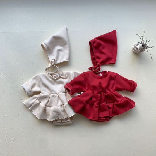 Baby Fleece Lined Christmas Dress Romper and Bonnet Set  (0-24m) - 2 Colors - AT NOON STORE