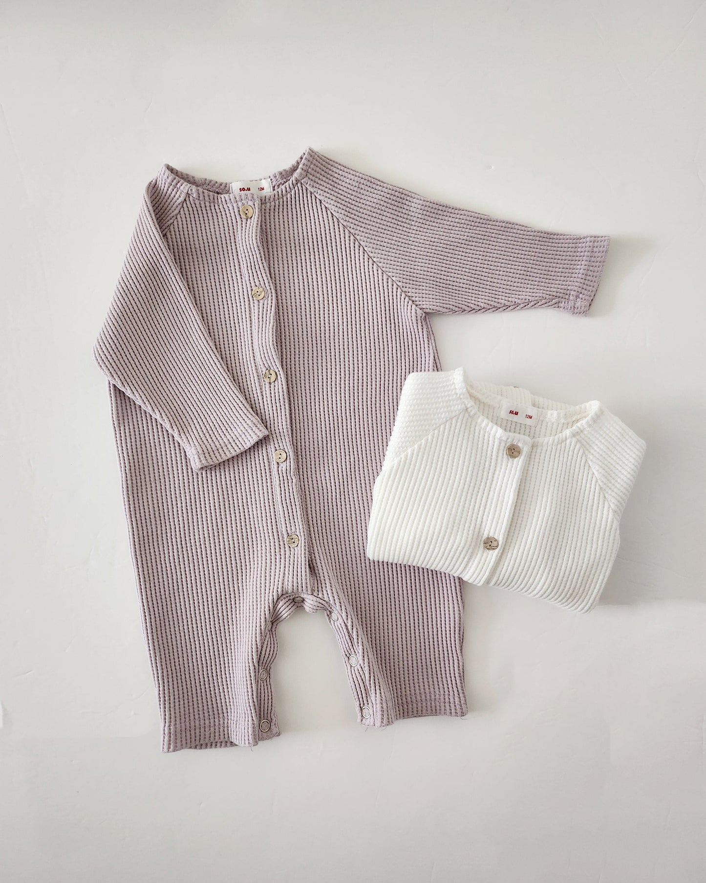 Baby Long Sleeve Waffle Bodysuit (6-18m) -White - AT NOON STORE