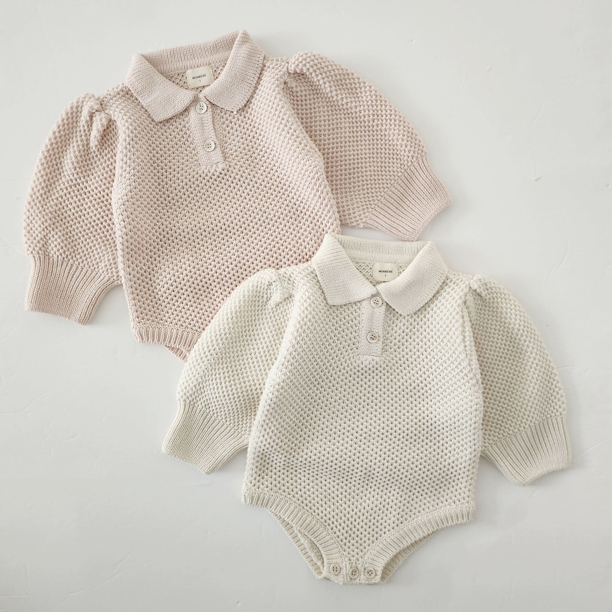 Baby Monbebe Puff Sleeve Sweater Romper (6-24m) - Cream - AT NOON STORE