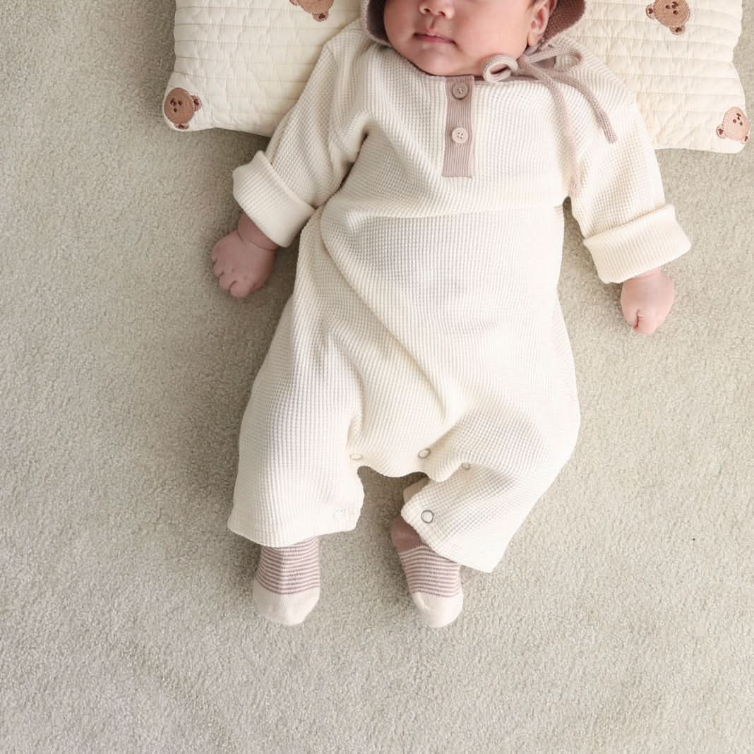 Baby Nine Long Sleeve Waffle Jumpsuit 0 18m Ivory AT NOON STORE