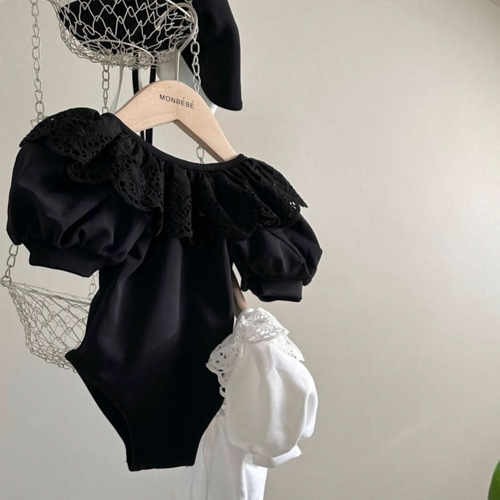 Girls Monbebe Tie Back Ruffle Collar One-Piece Swimsuit and Swim Hat Set (1-6yr) - 2 Colors - AT NOON STORE