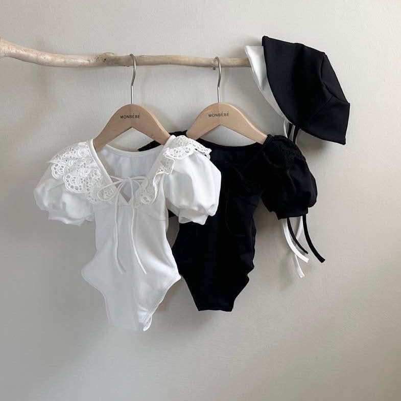 Girls Monbebe Tie Back Ruffle Collar One-Piece Swimsuit and Swim Hat Set (1-6yr) - 2 Colors - AT NOON STORE