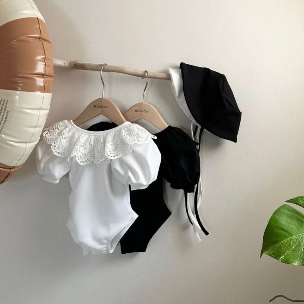 Girls Monbebe Tie Back Ruffle Collar One-Piece Swimsuit and Swim Hat Set (1-6yr) - 2 Colors - AT NOON STORE