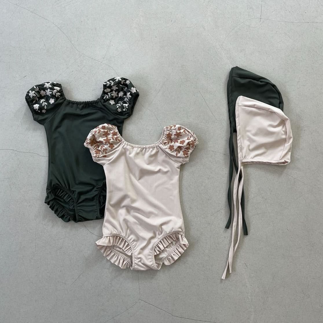 Toddler Coco Floral Embroidery Puff Sleeve One-Piece Swimsuit (1-4T) - 2 Colors - AT NOON STORE