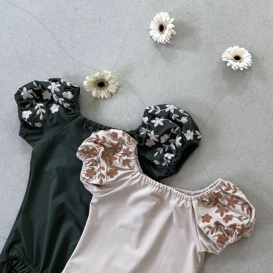 Toddler Coco Floral Embroidery Puff Sleeve One-Piece Swimsuit (1-4T) - 2 Colors - AT NOON STORE