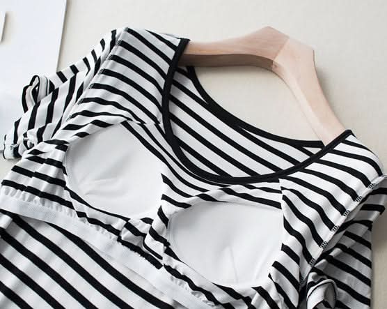 Women Striped Short Sleeve Built-in Bra Dress - Black - AT NOON STORE