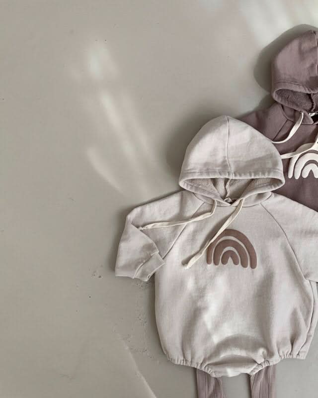 Baby Rainbow Print Hoodie Romper (3 - 18m) - Beige kids outfit