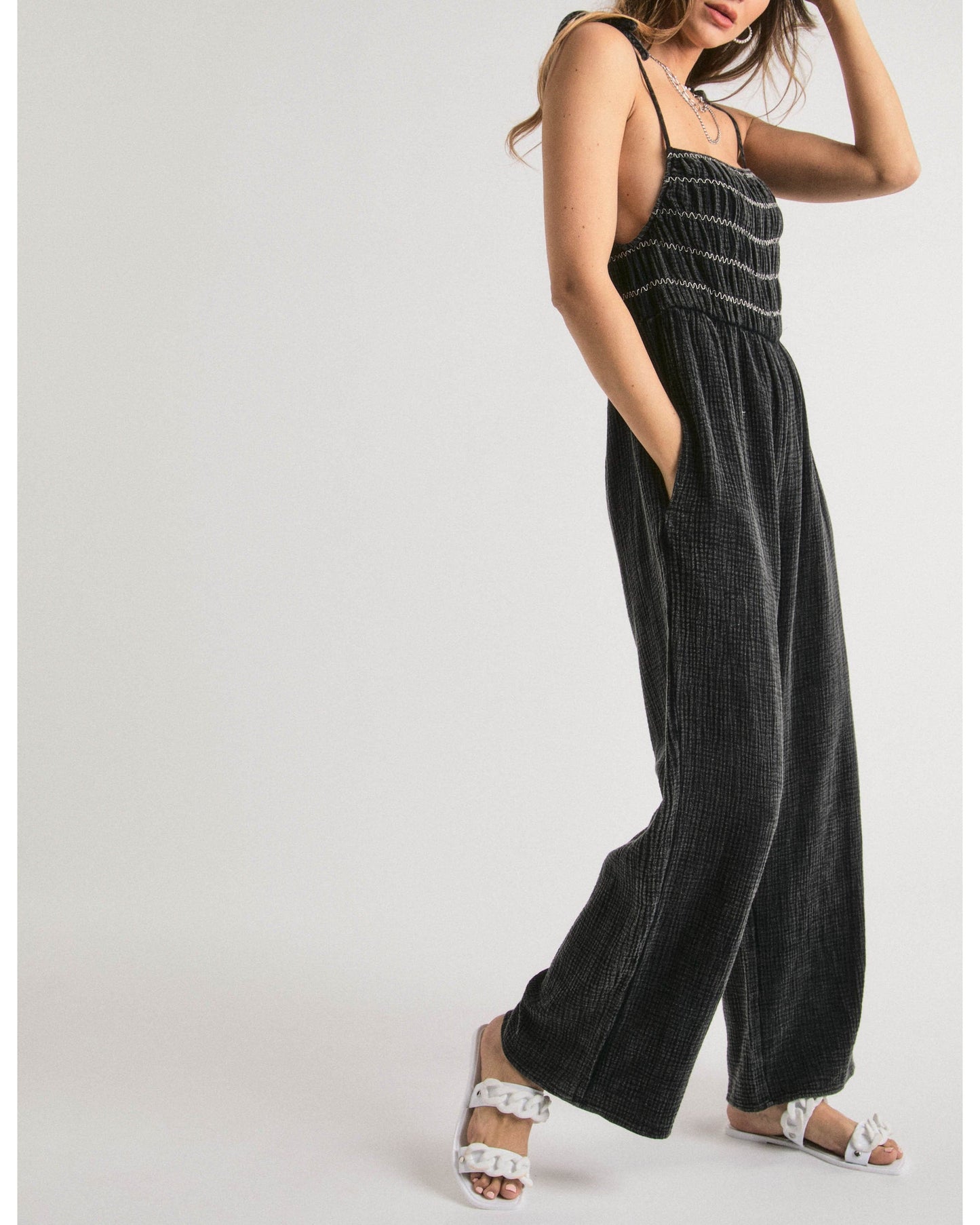 Women's Tie Spaghetti Straps Wide Leg Jumpsuit - Black - AT NOON STORE