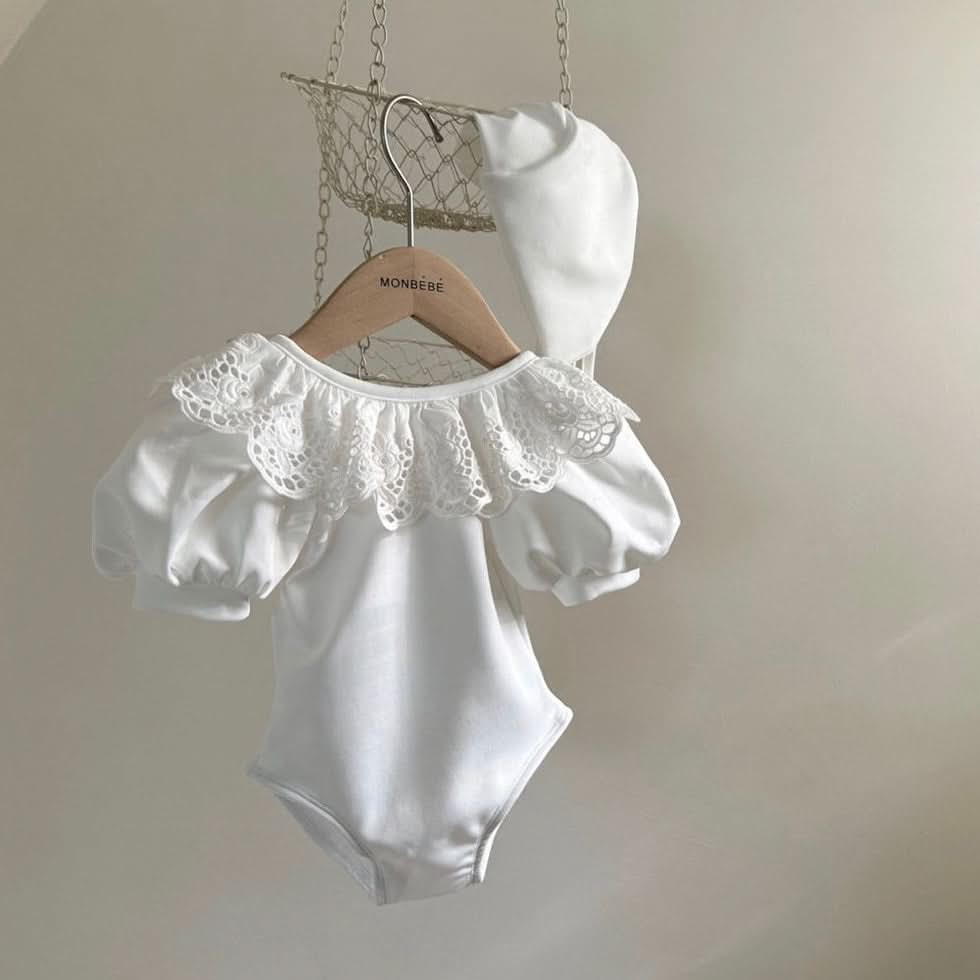 Girls Monbebe Tie Back Ruffle Collar One-Piece Swimsuit and Swim Hat Set (1-6yr) - 2 Colors - AT NOON STORE