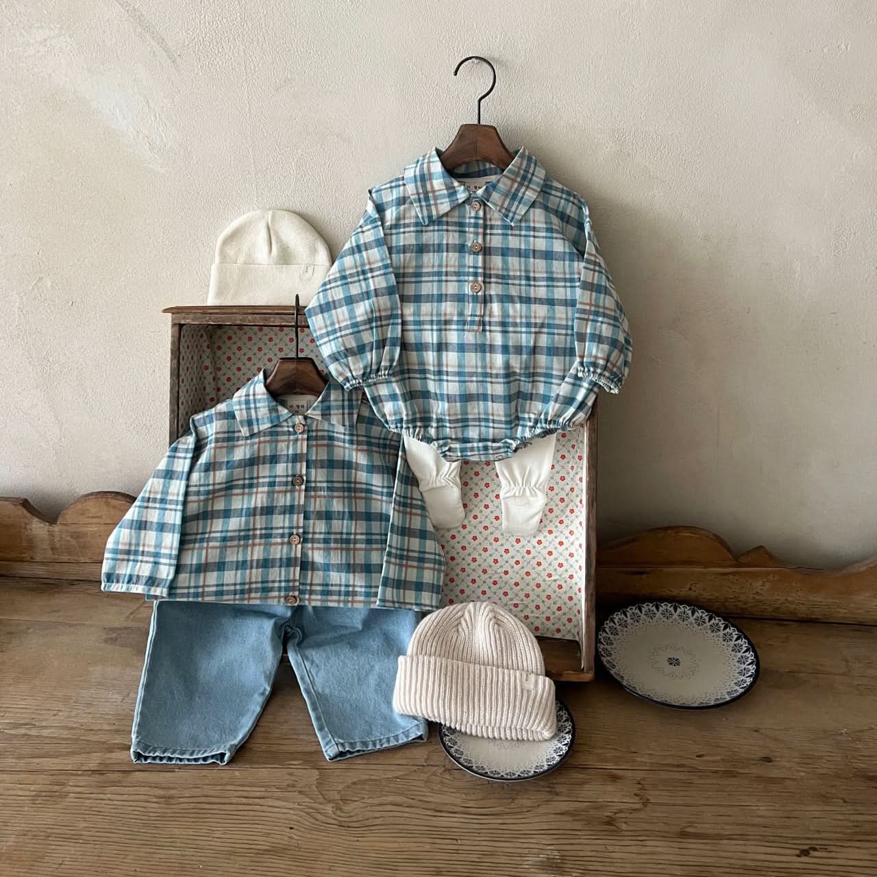Baby Lala Spring Flannel Shirt Romper (0-24m) - Blue - AT NOON STORE