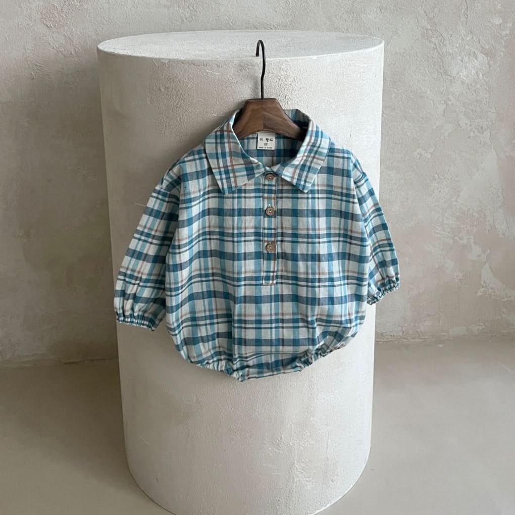 Baby Lala Spring Flannel Shirt Romper (0-24m) - Blue - AT NOON STORE