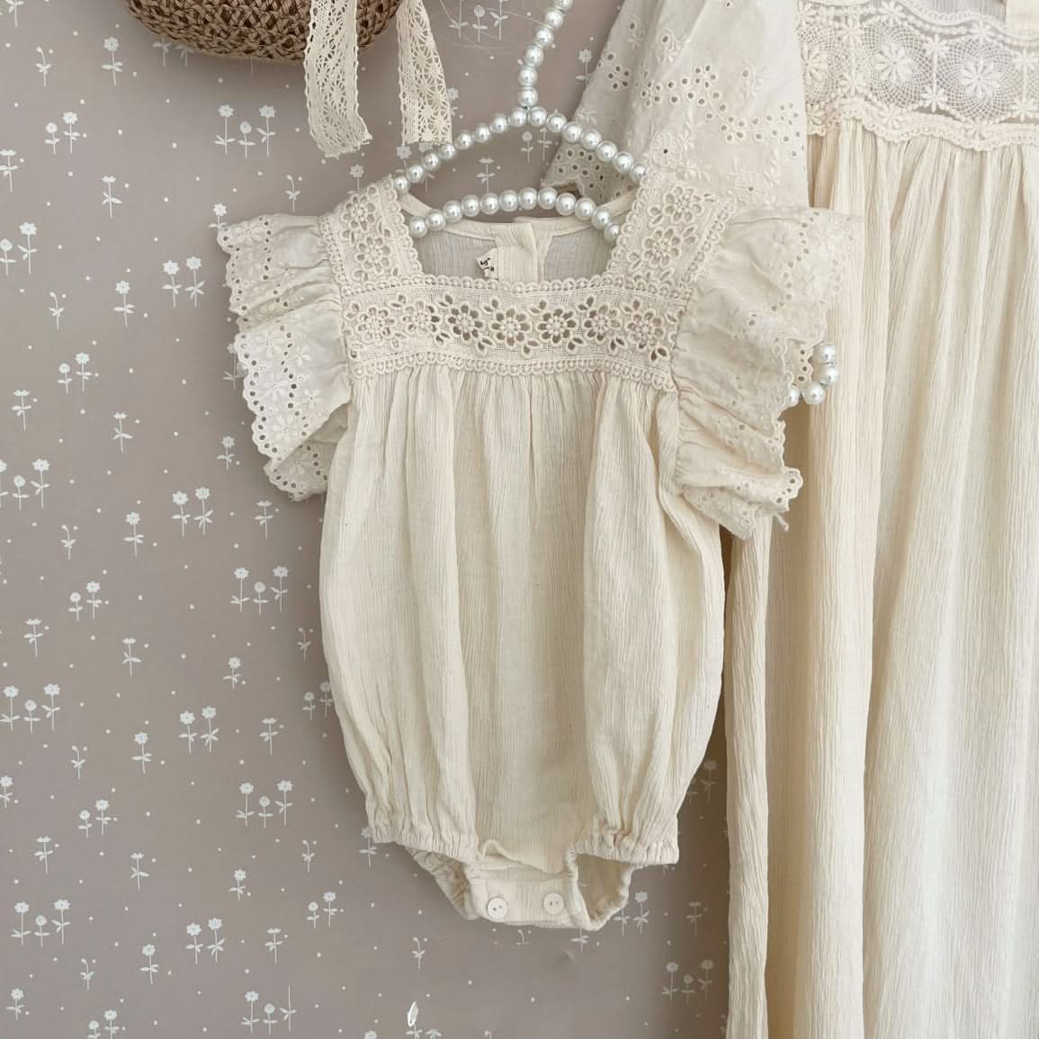 Baby Ruffle Lace Sleeve Floral Embroidery Neck Romper (3-15m) - AT NOON STORE