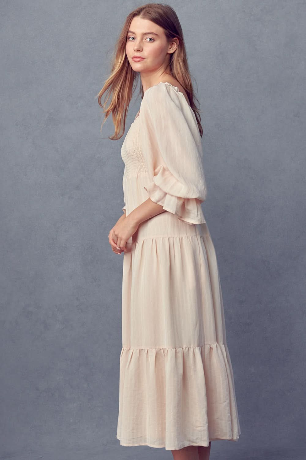 Smocked Bodice 3/4 Sleeve Dress (Mama) - Cream kids outfit