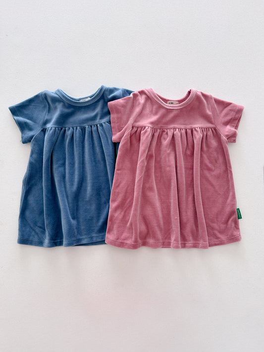 Toddler F26 Velour Shirring Detail Short Sleeve Dress (3-8y) - 2 Colors