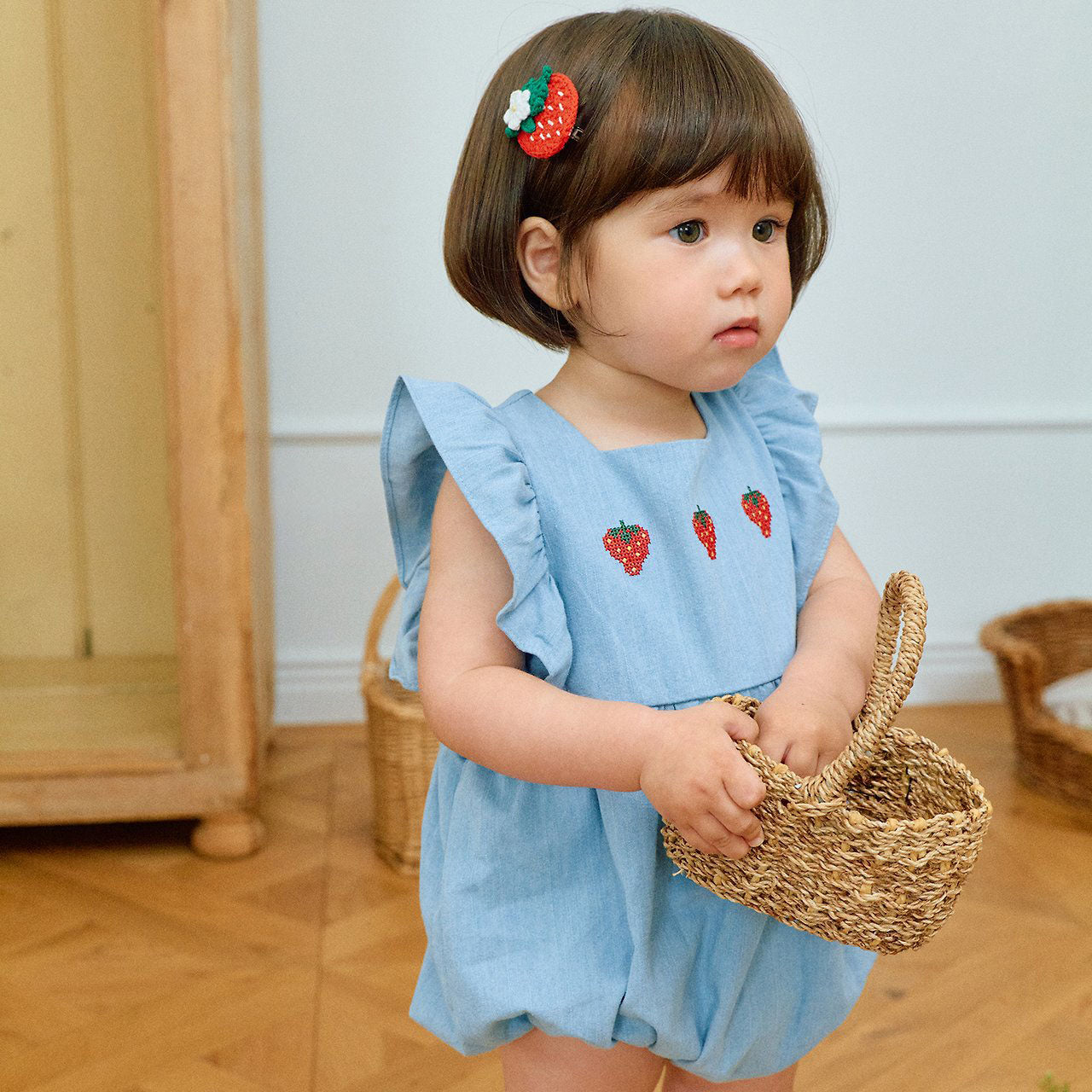 Baby Milk SS26 Strawberry Embroidery Ruffle Sleeve Bubble Denim Romper (3-18m) - Light Denim