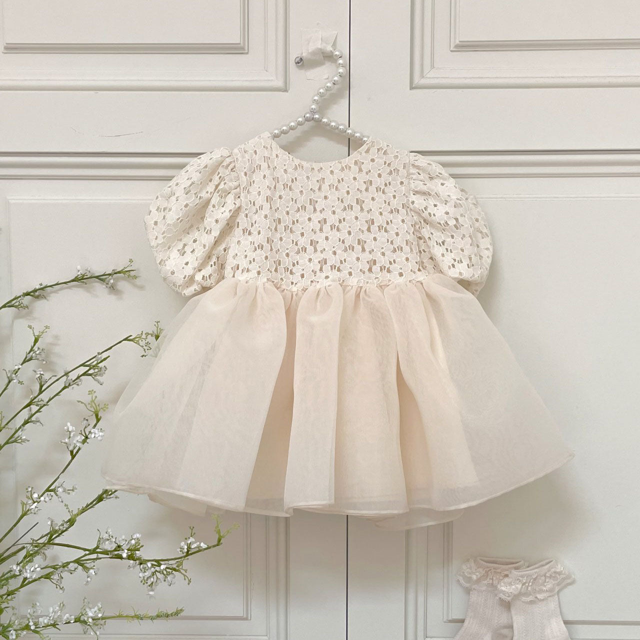 Baby Lace Top Short Puff Sleeve Tulle Party Dress (6m-4y) - Cream - AT NOON STORE