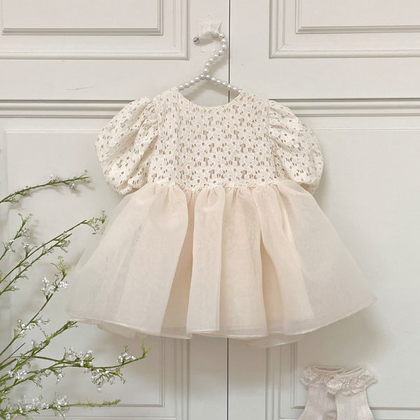 Baby Lace Top Short Puff Sleeve Tulle Party Dress (6m-4y) - Cream
