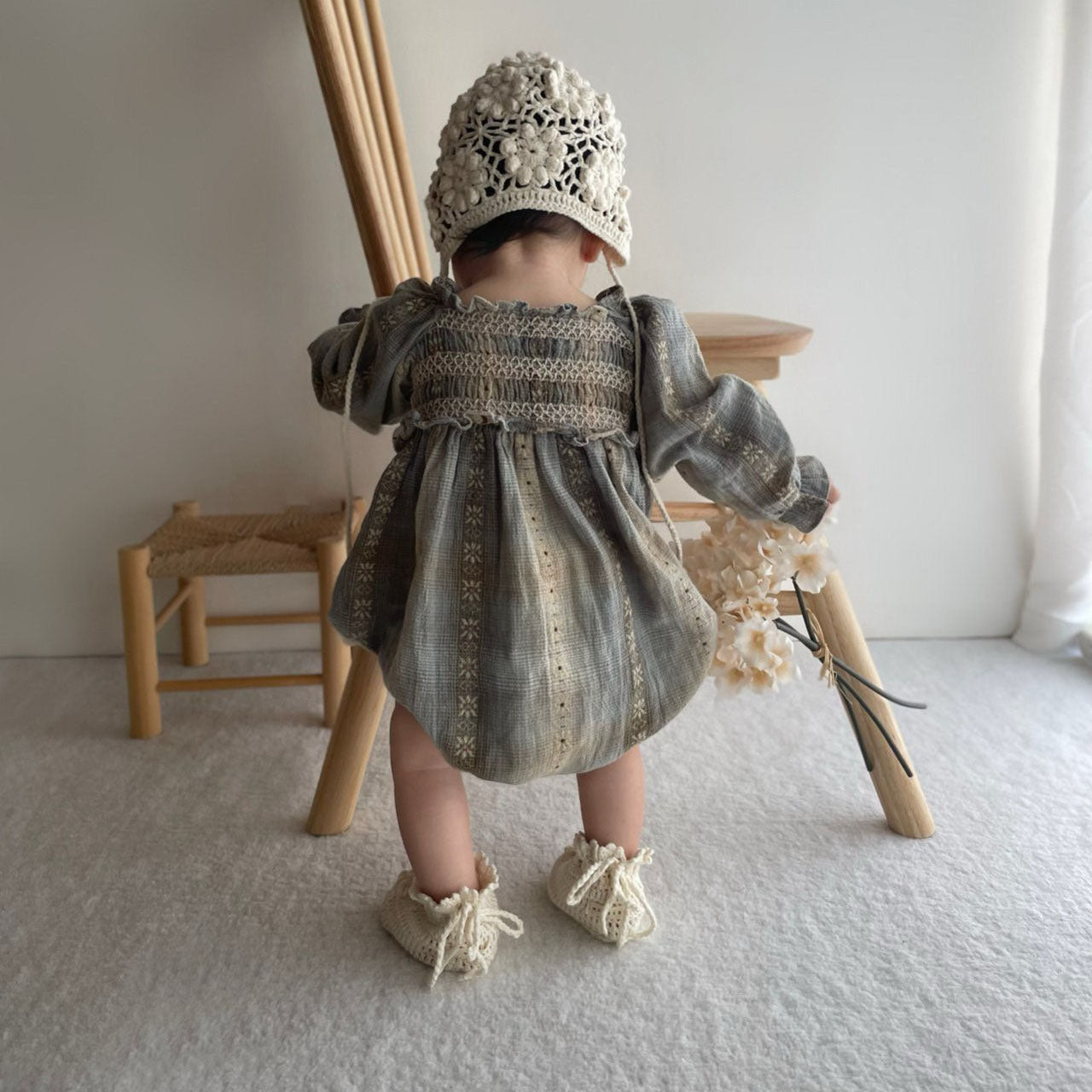 Baby Monbebe F25  Floral Embroidered Check Smocked Bodice Romper (3-24m) - Mint