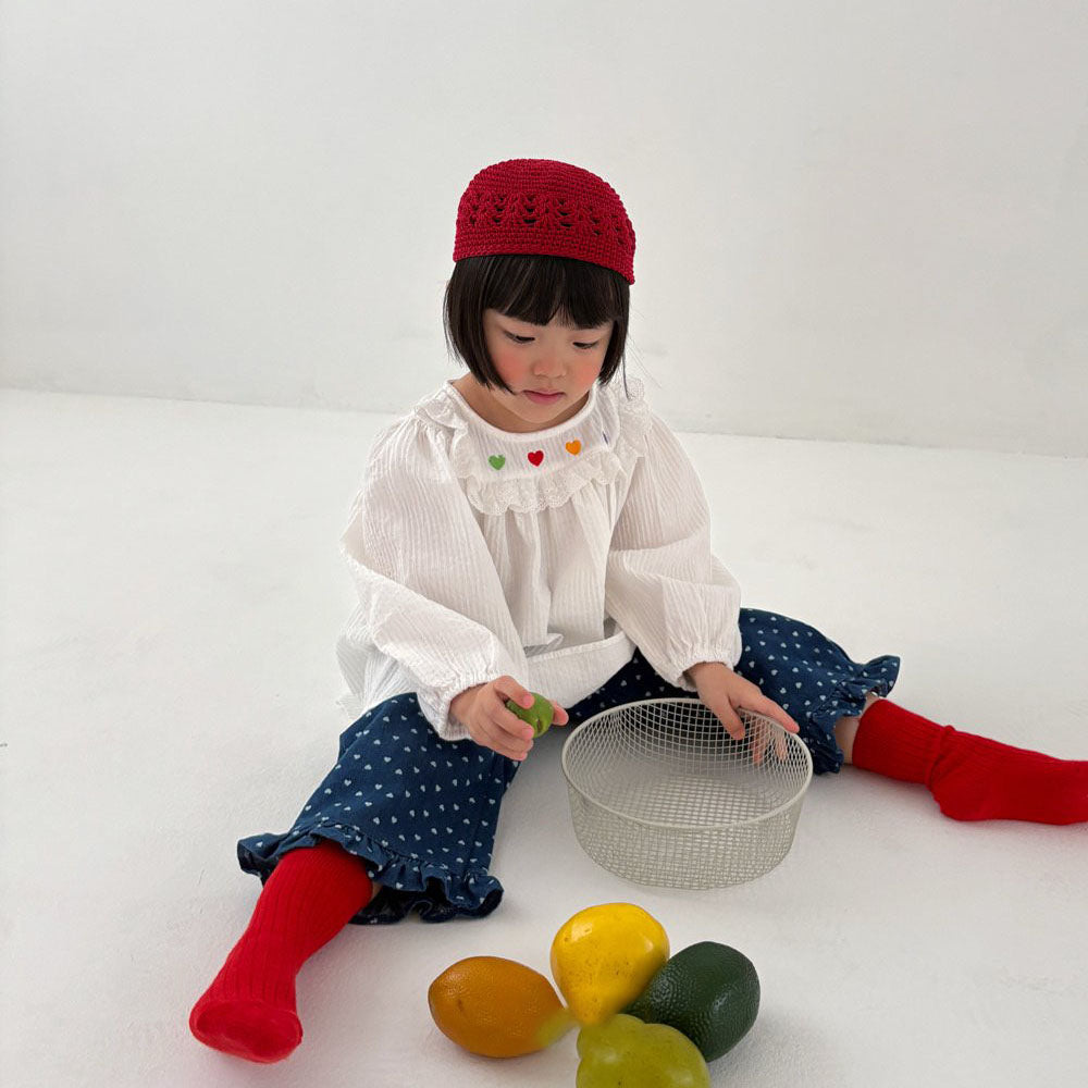 Toddler F26 Heart Embroider Long Puff Sleeve Top (1-6y) - Ivory