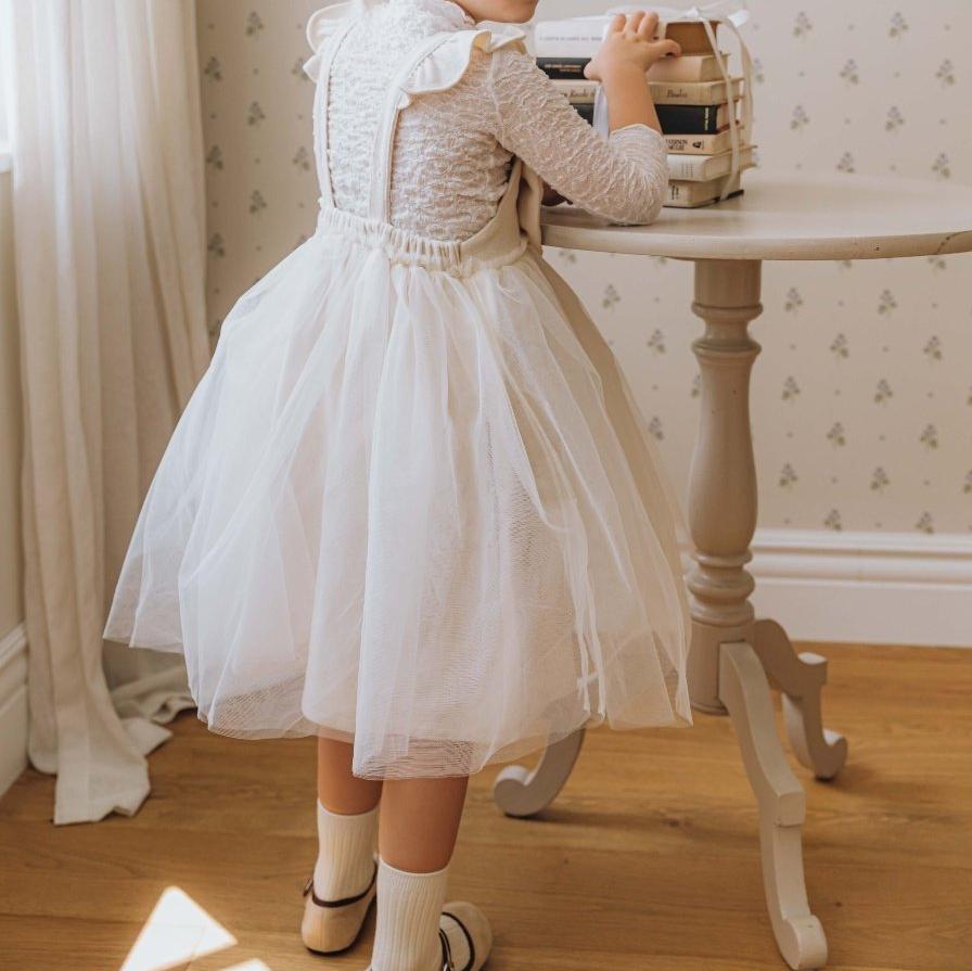 Girls Ruffle Shoulder Sleeveless Front Bow Tutu Dress (2-6y) - Ivory