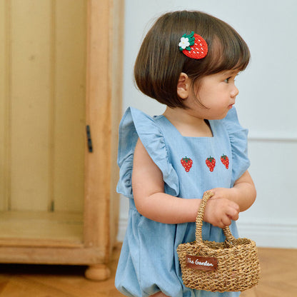 Baby Milk SS26 Strawberry Embroidery Ruffle Sleeve Bubble Denim Romper (3-18m) - Light Denim