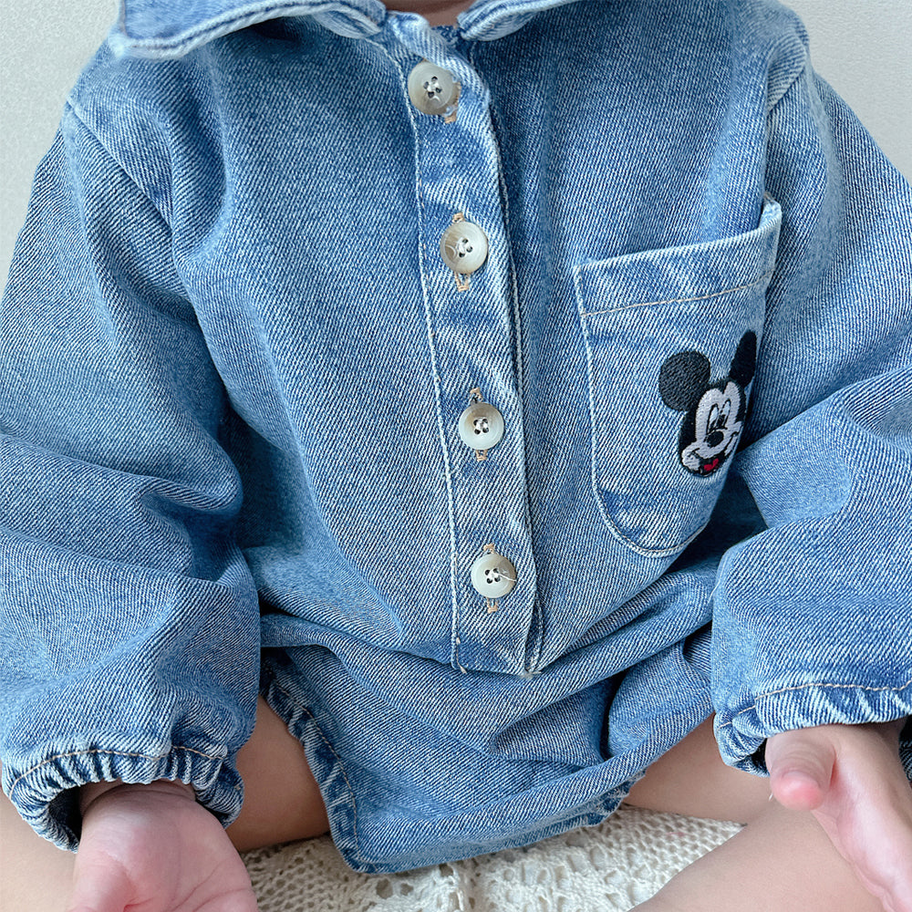 Toddler Disney Mickey and Minnie Face Embroidery Denim Long Sleeve Shirt Romper(6-18m) -2 Colors