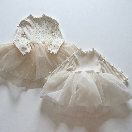Baby/Toddler Aosta SP26 Bow Detail Lettuce-Edge Ribbed Long Sleeve Top Tutu Dress (3m-5y)- 2 Colors