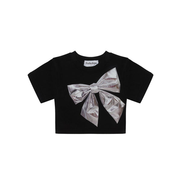 Girls Silver Bow Short Sleeve Cropped Top (3-6y) - Black