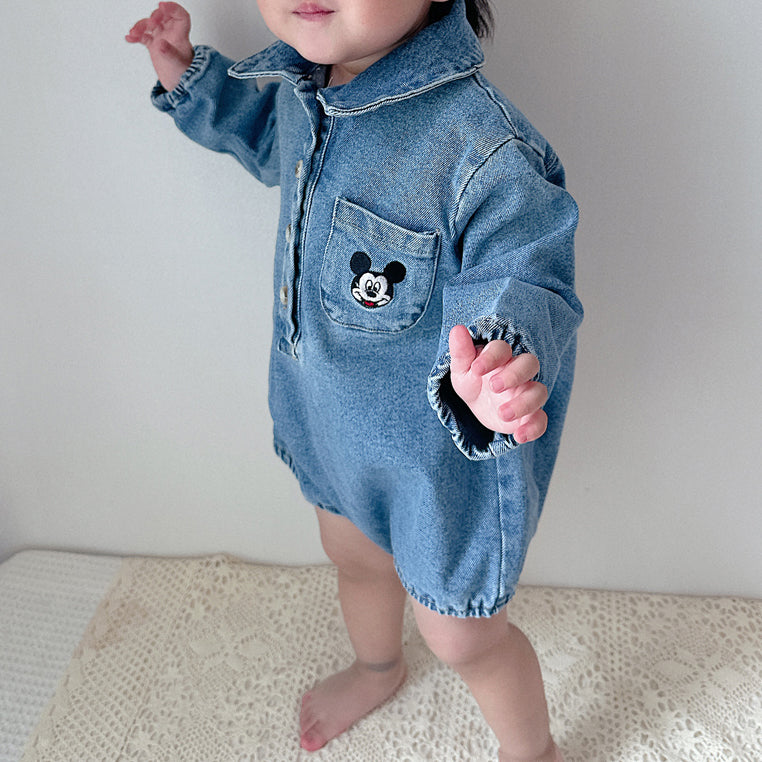 Toddler Disney Mickey and Minnie Face Embroidery Denim Long Sleeve Shirt Romper(6-18m) -2 Colors