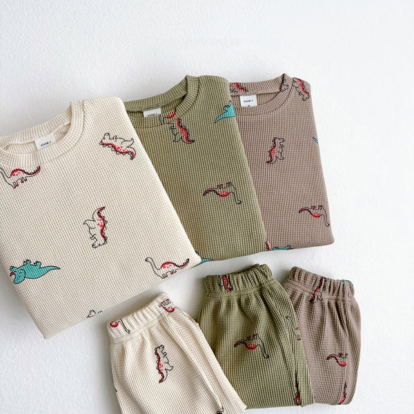 Toddler Waffle Dino Print Pullover and Jogger Patens Set (1-6y) - Ivory