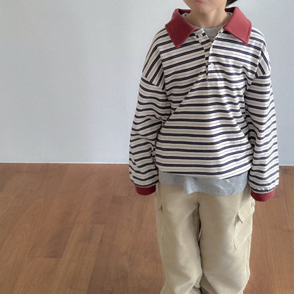 Toddler W25 Adjustable Hem Stripe Collar Long Sleeve Top (2-7y) - 3 Colors