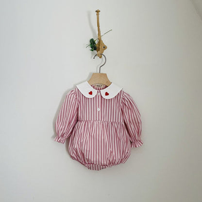 Baby Milk F25 Heart Embroidery Collar Stripe Bubble Romper (3-18m) - Pink - AT NOON STORE