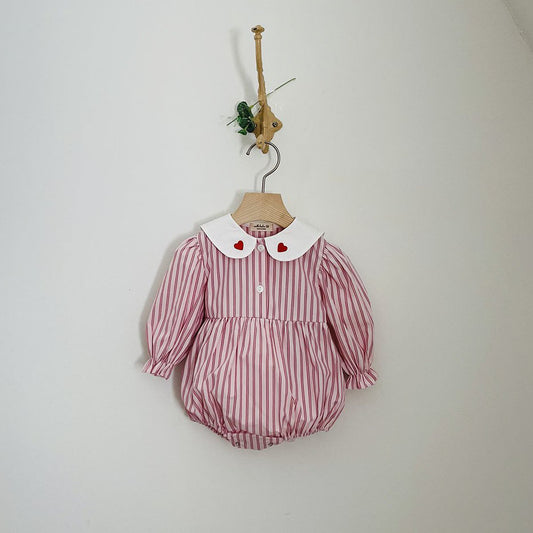 Baby Milk F25 Heart Embroidery Collar Stripe Bubble Romper (3-18m) - Pink - AT NOON STORE