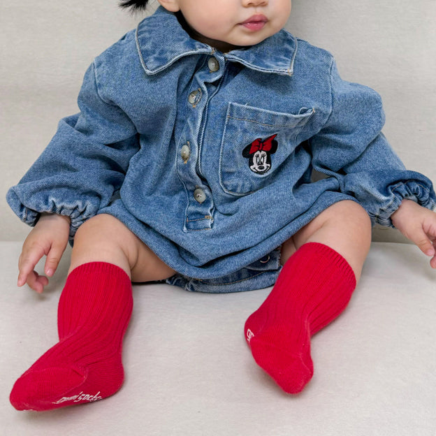 Toddler Disney Mickey and Minnie Face Embroidery Denim Long Sleeve Shirt Romper(6-18m) -2 Colors