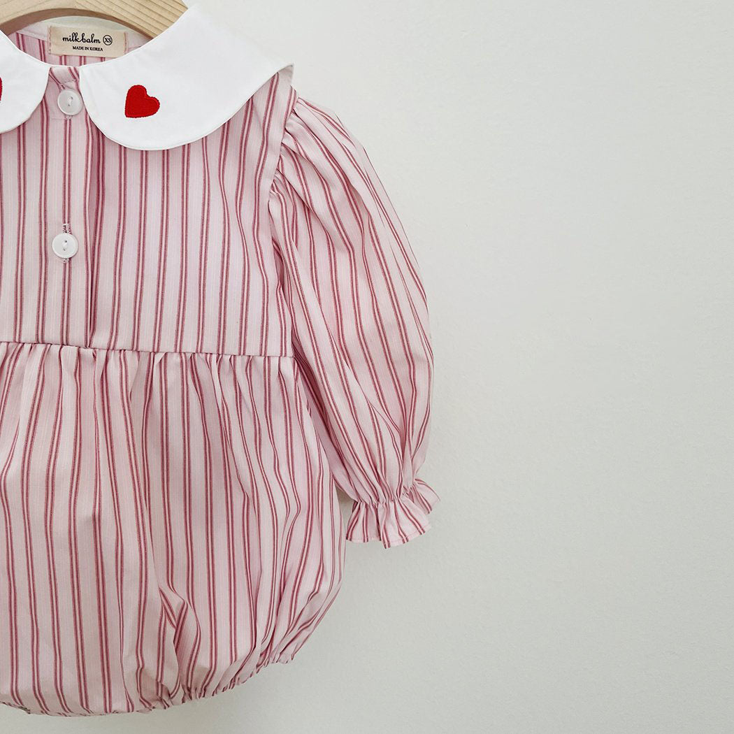 Baby Milk F25 Heart Embroidery Collar Stripe Bubble Romper (3-18m) - Pink - AT NOON STORE