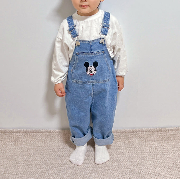 Toddler Disney Mickey and Pooh Face Embroidery Kangaroo Pocket Denim Overalls (2-7y) -2 Colors