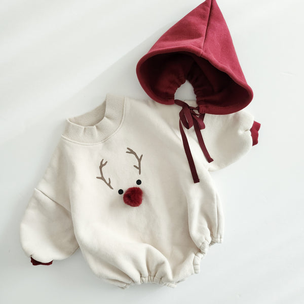 Baby Fleece-Lined Reindeer Sweatshirt Romper and Bonnet Set (3-18m) - Wine - AT NOON STORE