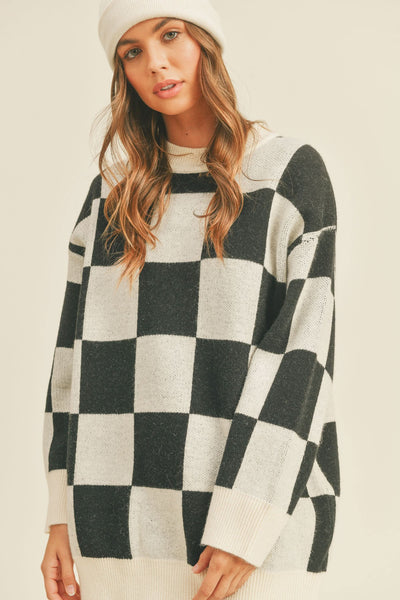 Women Oversized Checker Pullover Sweater - Black