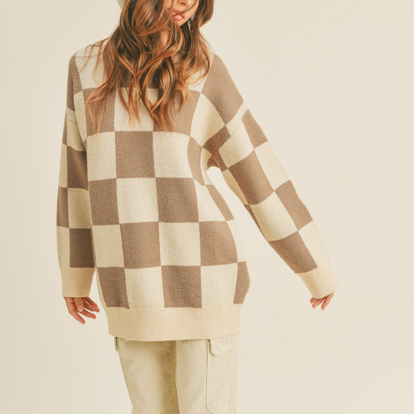 Women Oversized Checker Pullover Sweater - Tan