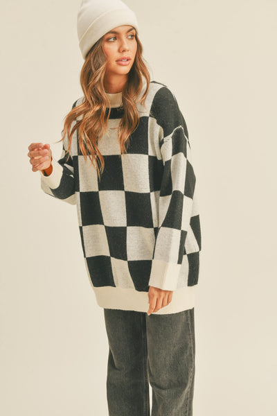 Women Oversized Checker Pullover Sweater - Black