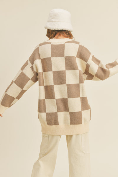 Women Oversized Checker Pullover Sweater - Tan