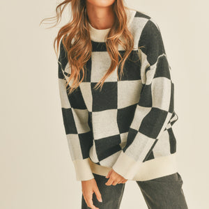 Women Oversized Checker Pullover Sweater - Black