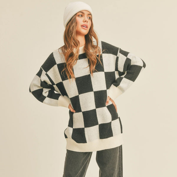 Women Oversized Checker Pullover Sweater - Black